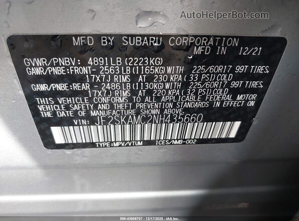 JF2SKAMC2NH435660 2022 SUBARU FORESTER Silver Շարժիչի բաժամունքի տեսք