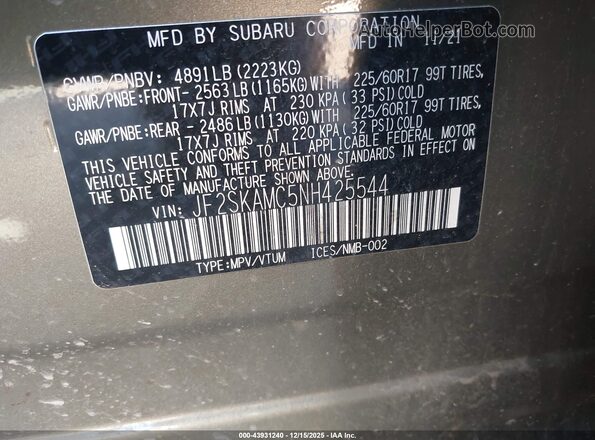 JF2SKAMC5NH425544 2022 SUBARU FORESTER Серый Вид подкапотного пространства