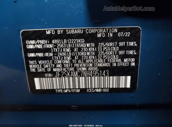 JF2SKAMC7NH495143 2022 SUBARU FORESTER Blue Вид підкапотного простору