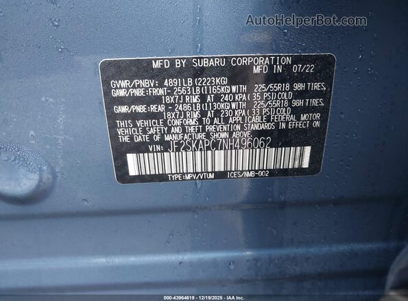 JF2SKAPC7NH496062 2022 SUBARU FORESTER Синий Вид подкапотного пространства