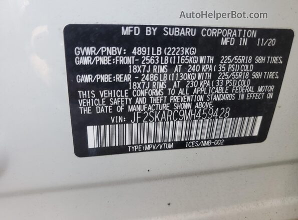 JF2SKARC9MH459428 2021 SUBARU FORESTER White Вид наклейки з VIN-кодом