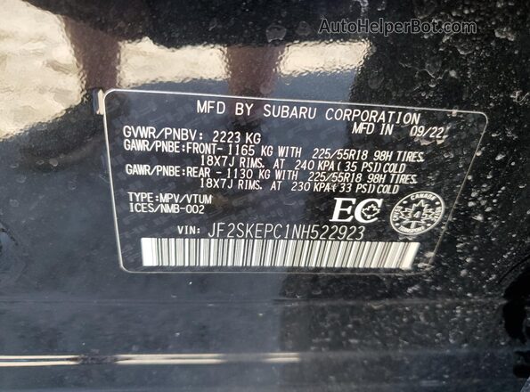 JF2SKEPC1NH522923 2022 SUBARU FORESTER Черный Вид наклейки с VIN-кодом