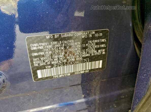 JF2SLSJDXSH401753 2025 SUBARU FORESTER Blue Панорамний вид салону 360°