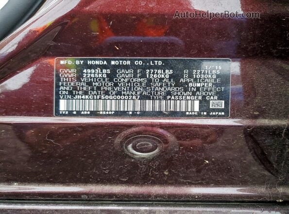 JH4KC1F50GC000287 2016 ACURA RLX Burgundy Vista de la etiqueta del VIN