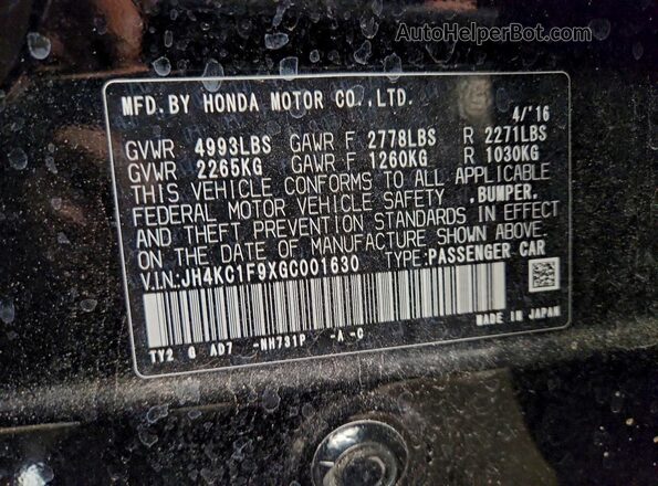 JH4KC1F9XGC001630 2016 ACURA RLX Черный Вид наклейки с VIN-кодом