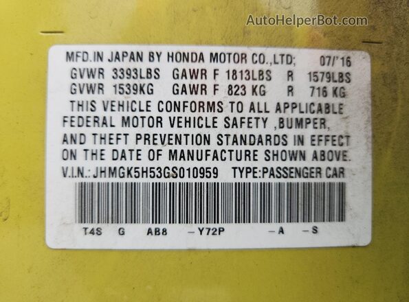 JHMGK5H53GS010959 2016 HONDA FIT Yellow Vista del compartimento del motor