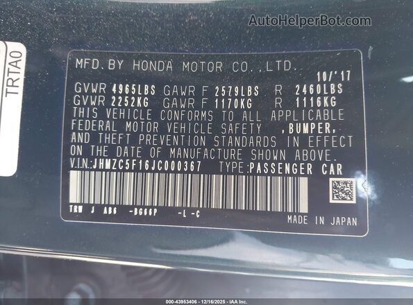 JHMZC5F16JC000367 2018 HONDA CLARITY PLUG-IN HYBRID Teal 