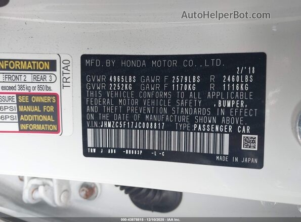 JHMZC5F17JC008817 2018 HONDA CLARITY PLUG-IN HYBRID Белый 