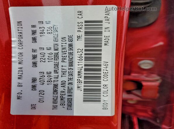 JM1BPAMM4L1166432 2020 MAZDA 3 Red Շարժիչի բաժամունքի տեսք