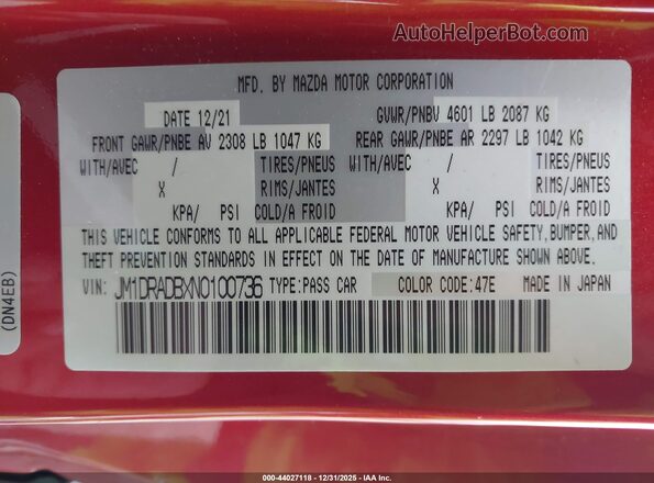 JM1DRADBXN0100736 2022 MAZDA OTHER Red ძრავის განყოფილების ხედი