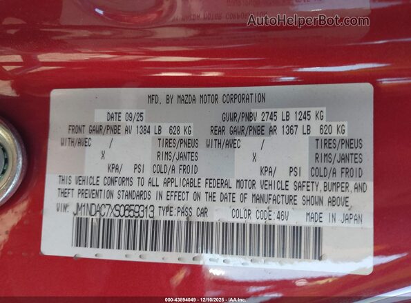 JM1NDAC7XS0659313 2025 MAZDA MX-5 MIATA Red ძრავის განყოფილების ხედი