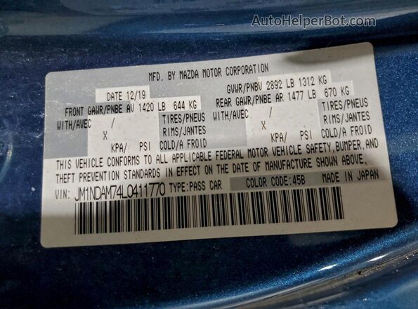 JM1NDAM74L0411770 2020 MAZDA MX-5 Blue VIN კოდის სტიკერის ხედი