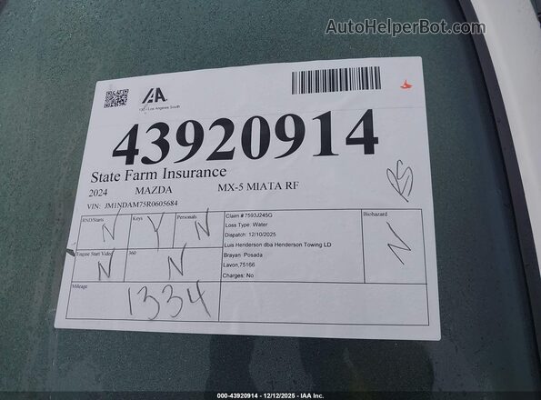 JM1NDAM75R0605684 2024 MAZDA MX-5 MIATA RF White Սարքավորումների վահանակի տեսք