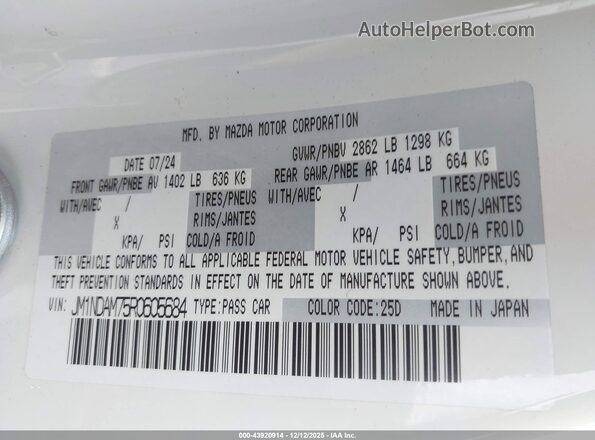 JM1NDAM75R0605684 2024 MAZDA MX-5 MIATA RF White Շարժիչի բաժամունքի տեսք