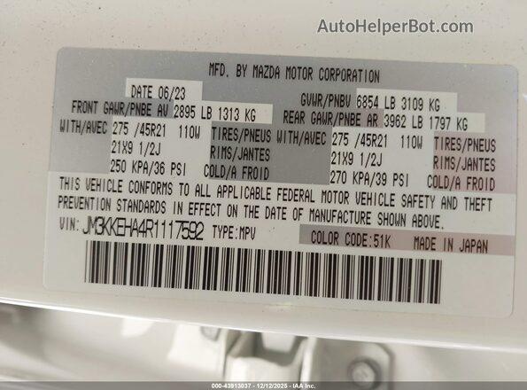JM3KKEHA4R1117592 2024 MAZDA CX-90 PHEV White Engine compartment view
