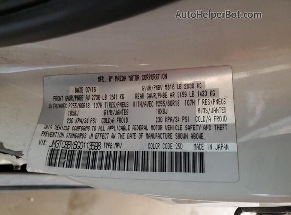 JM3TCBBY6G0113598 2016 MAZDA CX-9 White Widok naklejki z numerem VIN