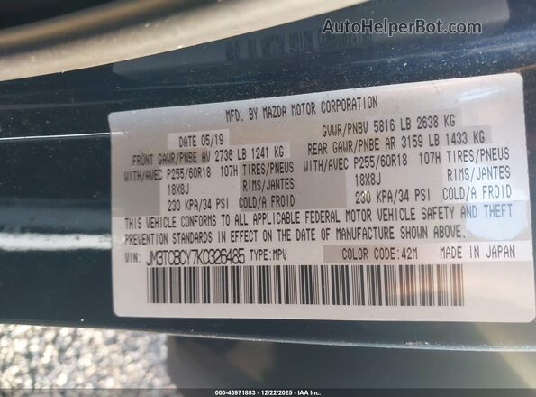 JM3TCBCY7K0326485 2019 MAZDA CX-9 Blue ძრავის განყოფილების ხედი