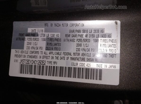 JM3TCBDY0H0129052 2017 MAZDA CX-9 Gray 