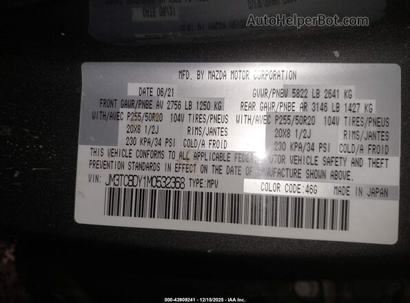 JM3TCBDY1M0532368 2021 MAZDA CX-9 Gray Engine compartment view