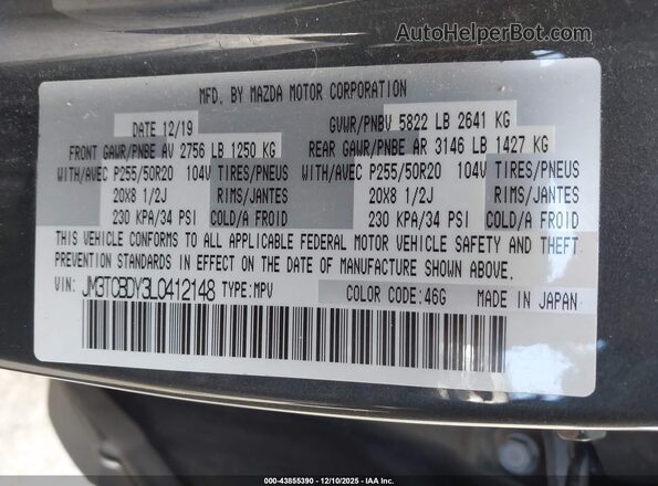 JM3TCBDY3L0412148 2020 MAZDA CX-9 Black ძრავის განყოფილების ხედი