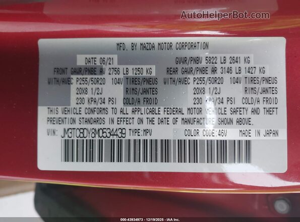 JM3TCBDY8M0534439 2021 MAZDA CX-9 Red Engine compartment view
