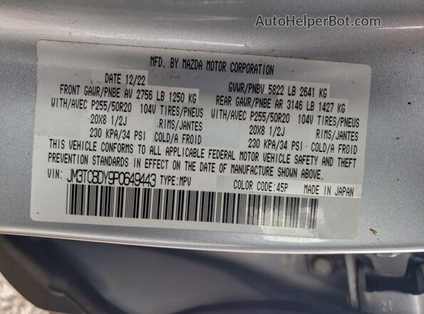 JM3TCBDY9P0649443 2023 MAZDA CX-9 Silver VIN sticker view