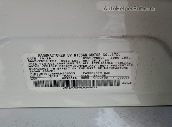 JN1EV7AP0LM205023 2020 INFINITI Q50 White Vista del compartimento del motor