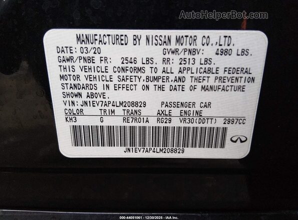 JN1EV7AP4LM208829 2020 INFINITI Q50 Black Вид підкапотного простору