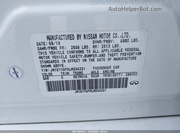 JN1EV7APXLM204221 2020 INFINITI Q50 Белый Вид подкапотного пространства