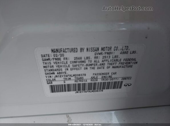 JN1EV7APXLM208379 2020 INFINITI Q50 White Engine compartment view
