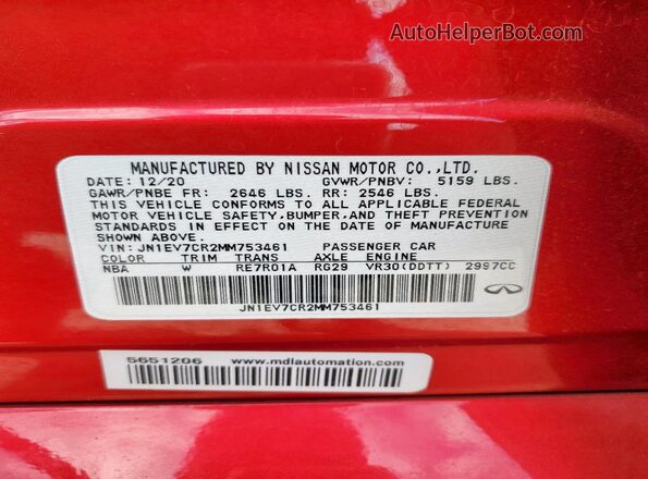 JN1EV7CR2MM753461 2021 INFINITI Q50 Red VIN კოდის სტიკერის ხედი