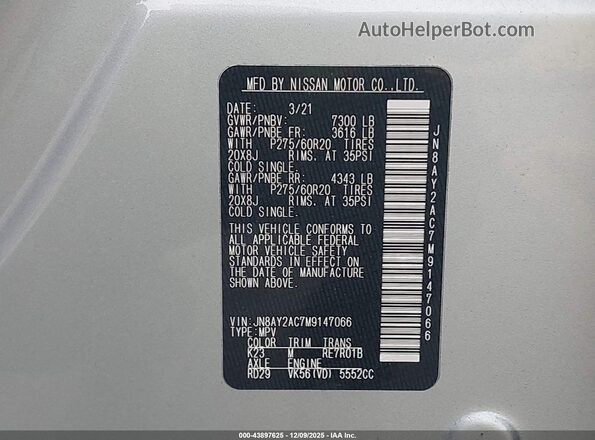 JN8AY2AC7M9147066 2021 NISSAN ARMADA Silver Շարժիչի բաժամունքի տեսք