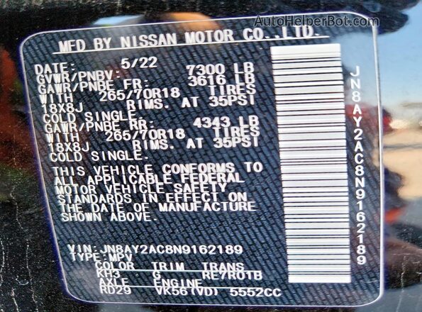 JN8AY2AC8N9162189 2022 NISSAN ARMADA Black VIN կոդի պիտակի տեսք