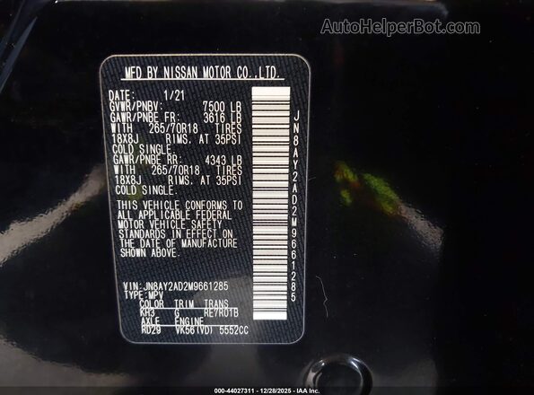 JN8AY2AD2M9661285 2021 NISSAN ARMADA Black Вид підкапотного простору