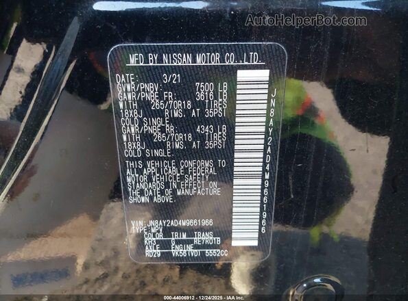 JN8AY2AD4M9661966 2021 NISSAN ARMADA Black Vista del compartimento del motor
