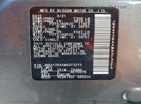 JN8AY2BAXM9373275 2021 NISSAN ARMADA Gray Widok wnętrza 360 stopni