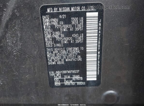 JN8AY2BB7M9795237 2021 NISSAN ARMADA Gray Вид підкапотного простору