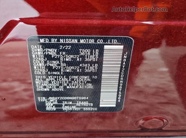 JN8AY2CD6N9675964 2022 NISSAN ARMADA Red VIN կոդի պիտակի տեսք