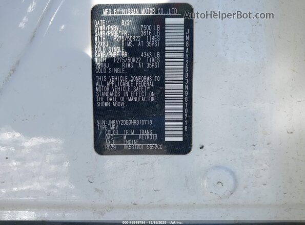 JN8AY2DB3N9810718 2022 NISSAN ARMADA White Vista del compartimento del motor