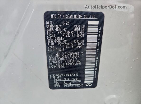 JN8AZ2AD2N9870623 2022 INFINITI QX80 White 360 interior view