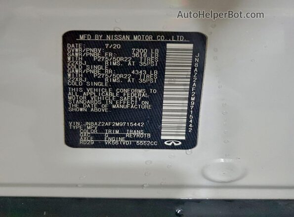 JN8AZ2AF2M9715442 2021 INFINITI QX80 Белый Вид наклейки с VIN-кодом