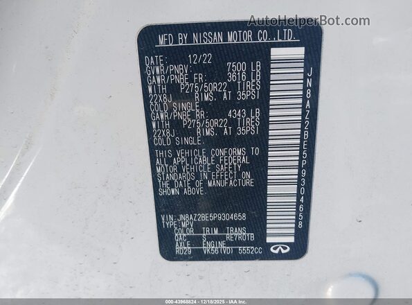 JN8AZ2BE5P9304658 2023 INFINITI QX80 White Vista del compartimento del motor