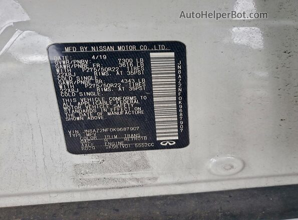 JN8AZ2NF0K9687907 2019 INFINITI QX80 White Vista del compartimento del motor