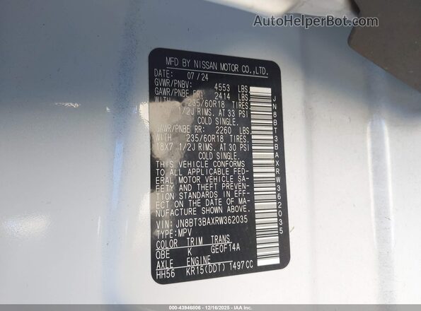 JN8BT3BAXRW362035 2024 NISSAN ROGUE White Widok komory silnika