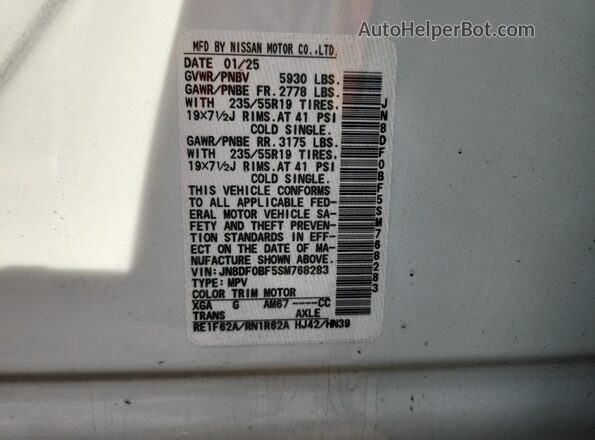 JN8DF0BF5SM768283 2025 NISSAN ARIYA Белый Вид наклейки с VIN-кодом