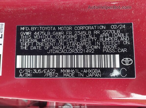 JTDACACU2R3021492 2024 TOYOTA PRIUS PRIME Red 
