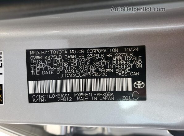 JTDACACU4R3034230 2024 TOYOTA PRIUS Silver Вид наклейки з VIN-кодом
