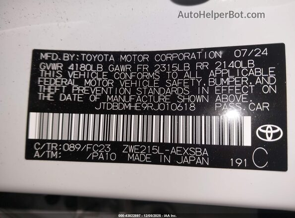 JTDBDMHE9RJ010618 2024 TOYOTA LL White Engine compartment view