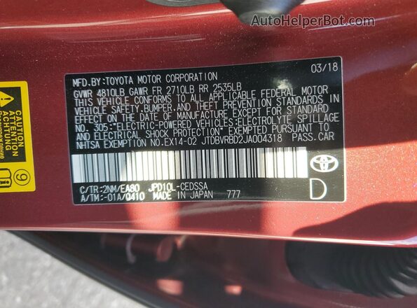 JTDBVRBD2JA004318 2018 TOYOTA MIRAI Burgundy Vista del compartimento del motor