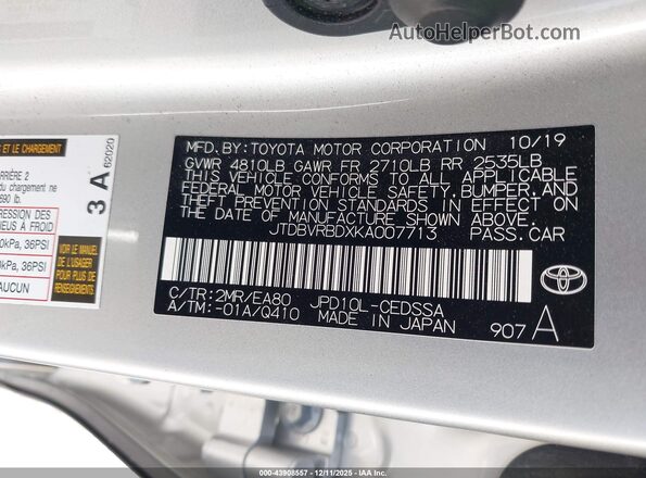 JTDBVRBDXKA007713 2019 TOYOTA MIRAI Silver Շարժիչի բաժամունքի տեսք